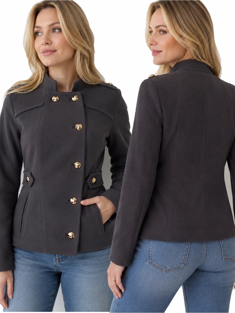 NWT‎ SHORT MILITARY COAT ASYMMETRIC BUTTONED FRONT GRAY JACKET LINED WOOL BLEND